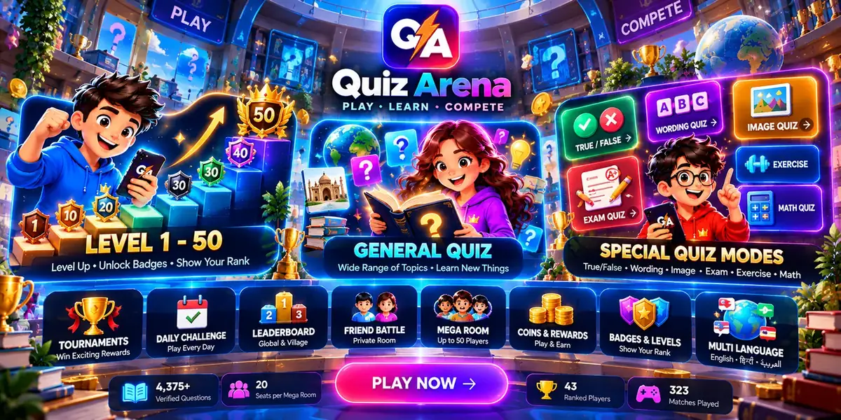 Quiz Arena journey: level up from 1 to 50, unlock badges, play general and special quiz modes