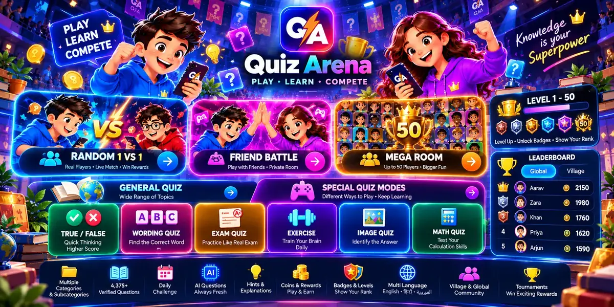 Quiz Arena gameplay: random 1v1, friend battle and mega room quiz modes